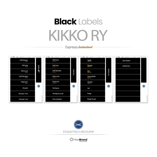 Étiquettes à découper pour distributeurs automatiques de café Necta Kikko RY. Design Black Expresso Instantané
