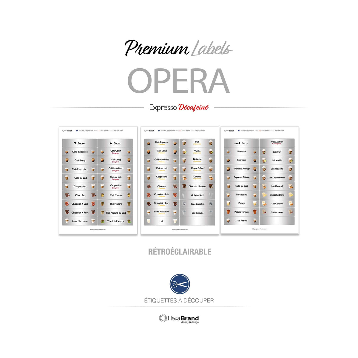 Étiquettes rétroéclairables à découper pour distributeurs automatiques de café Necta Opera. Design Premiu, Grey