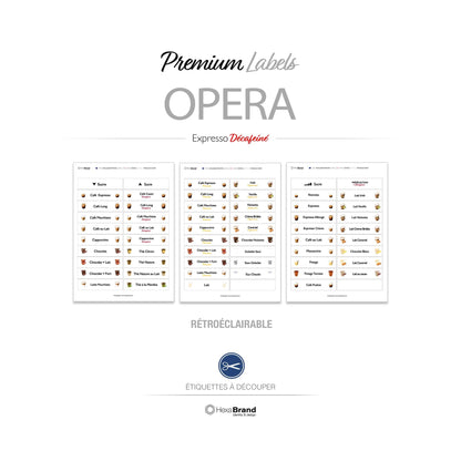 Étiquettes rétroéclairables à découper pour distributeurs automatiques de café Necta Opera. Design Premium White

