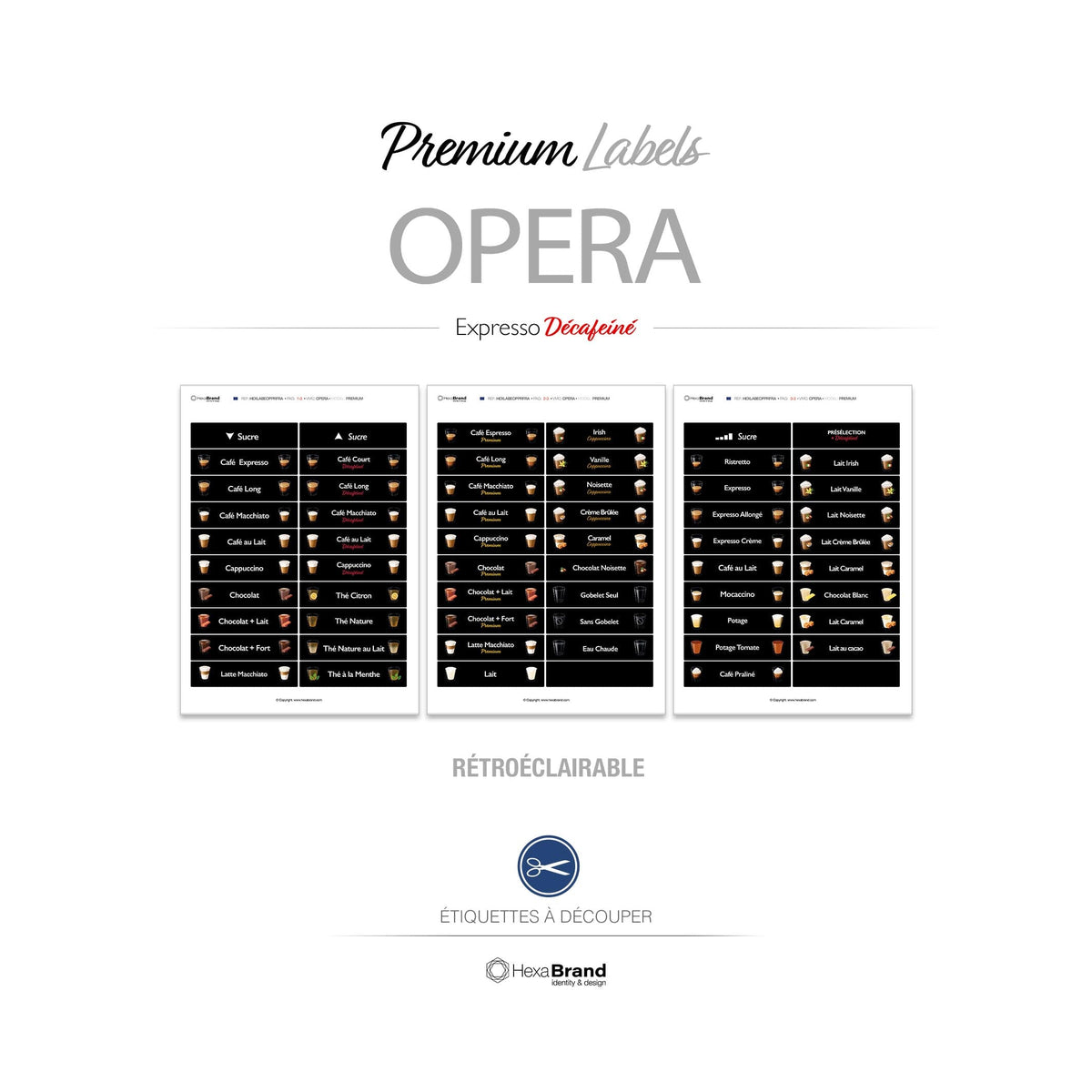 Étiquettes rétroéclairables à découper pour distributeurs automatiques de café Necta Opera. Design Premium 

