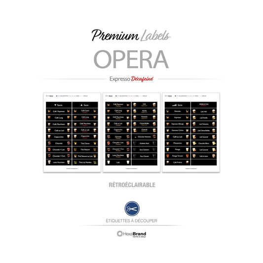 Étiquettes rétroéclairables à découper pour distributeurs automatiques de café Necta Opera. Design Premium 
