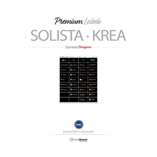 Étiquettes à découper pour distributeurs automatiques de café Necta Solista / Krea. Design Premium Expresso Décaféiné