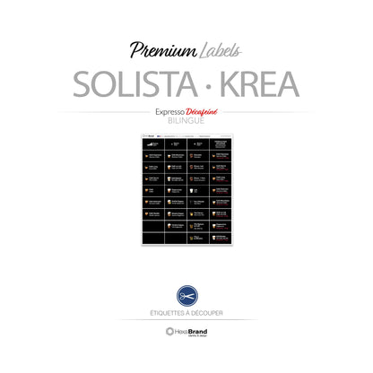 Étiquettes à découper pour distributeurs automatiques de café Necta Solista / Krea. Design Premium Expresso Décaféiné Bilingue