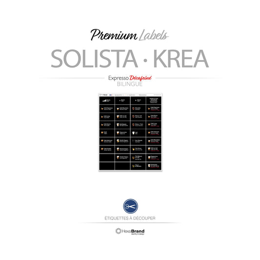 Étiquettes à découper pour distributeurs automatiques de café Necta Solista / Krea. Design Premium Expresso Décaféiné Bilingue