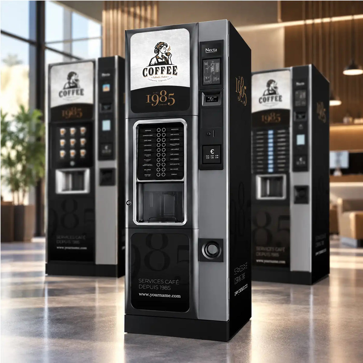 Exemple de personnalisation de trois distributeurs automatiques avec un design exclusif et une identité visuelle d’entreprise. "SARL 1985"