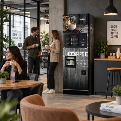 Kit de vinyles adhésifs Coffee Shop pour distributeur automatique Necta Venezai. Vue de la machine équipée du kit dans un environnement de bureau.