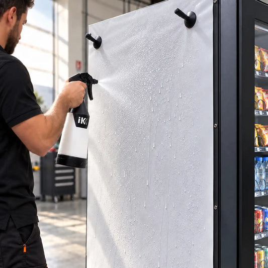 Installation d’un vinyle adhésif sur un distributeur automatique à l’aide d’aimants de maintien pour un positionnement précis et une pose professionnelle.