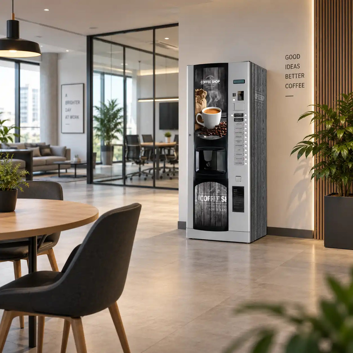 Distributeur automatique Bianchi Lei 400 avec kit d’adhésifs vinyle Coffee Shop  installé dans un bureau moderne.