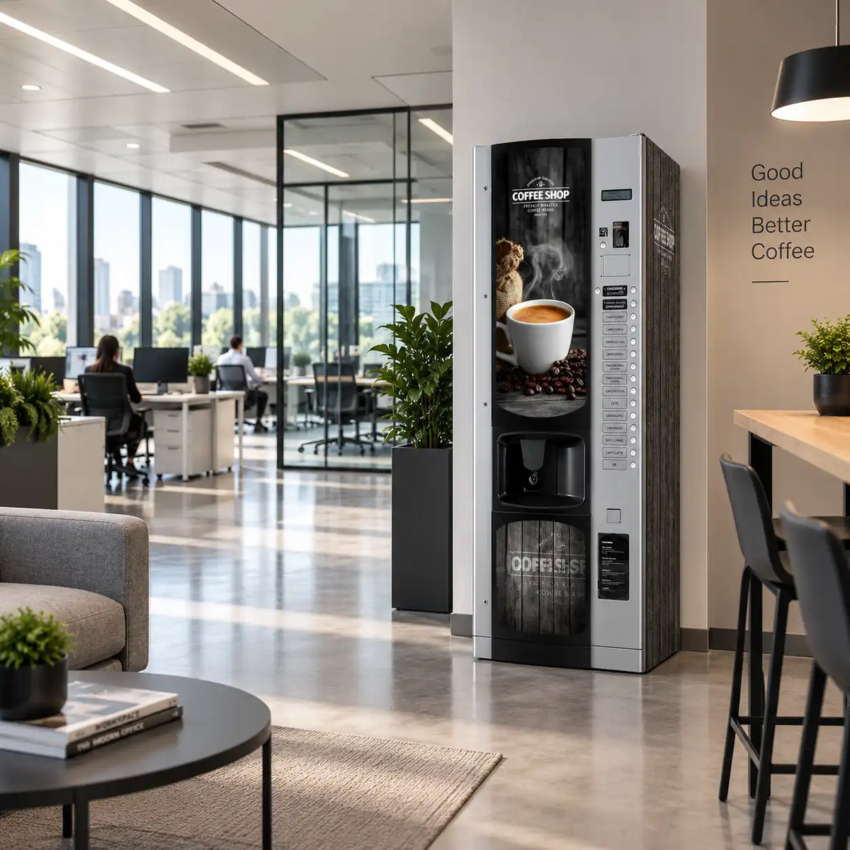 Distributeur automatique Bianchi Lei 600 avec kit d’adhésifs vinyle Coffee Shop installé dans un bureau moderne.