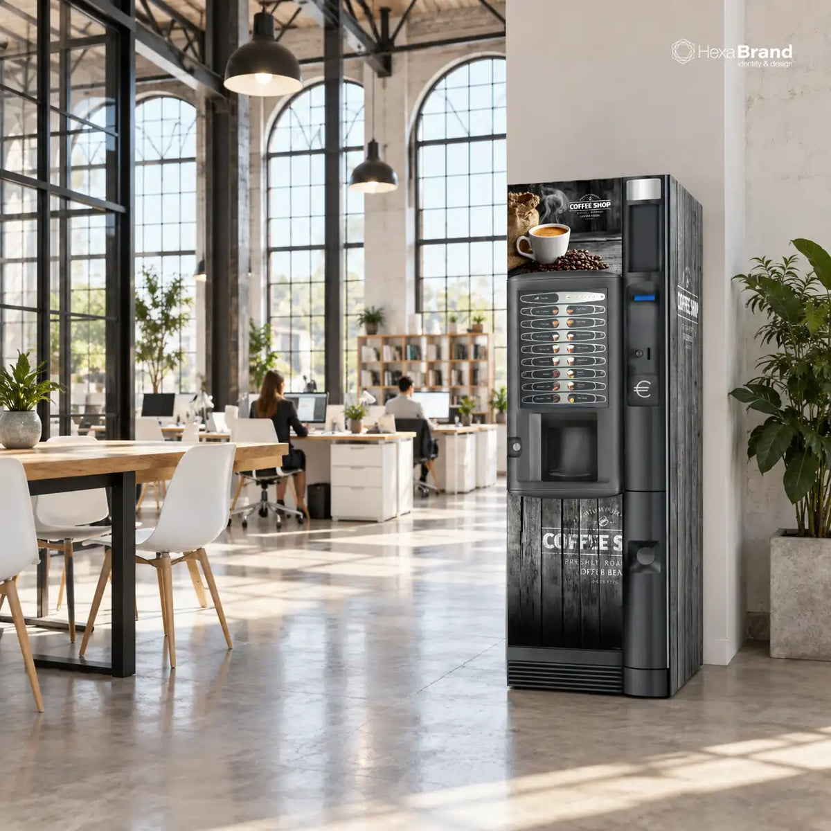 Kit de vinyles adhésifs Coffee Shop pour distributeur automatique Necta Kikko dans un environnement de bureau.