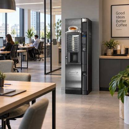 Kit de vinyles adhésifs Inox Grey pour distributeur automatique Necta Kikko. Image de la machine installée dans un bureau.