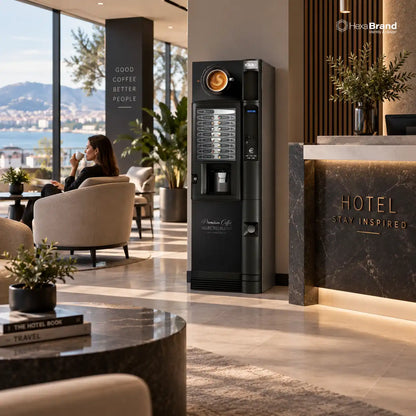 Kit de vinyles adhésifs Inox Print pour distributeur automatique Necta Kikko dans un environnement d’hôtel.