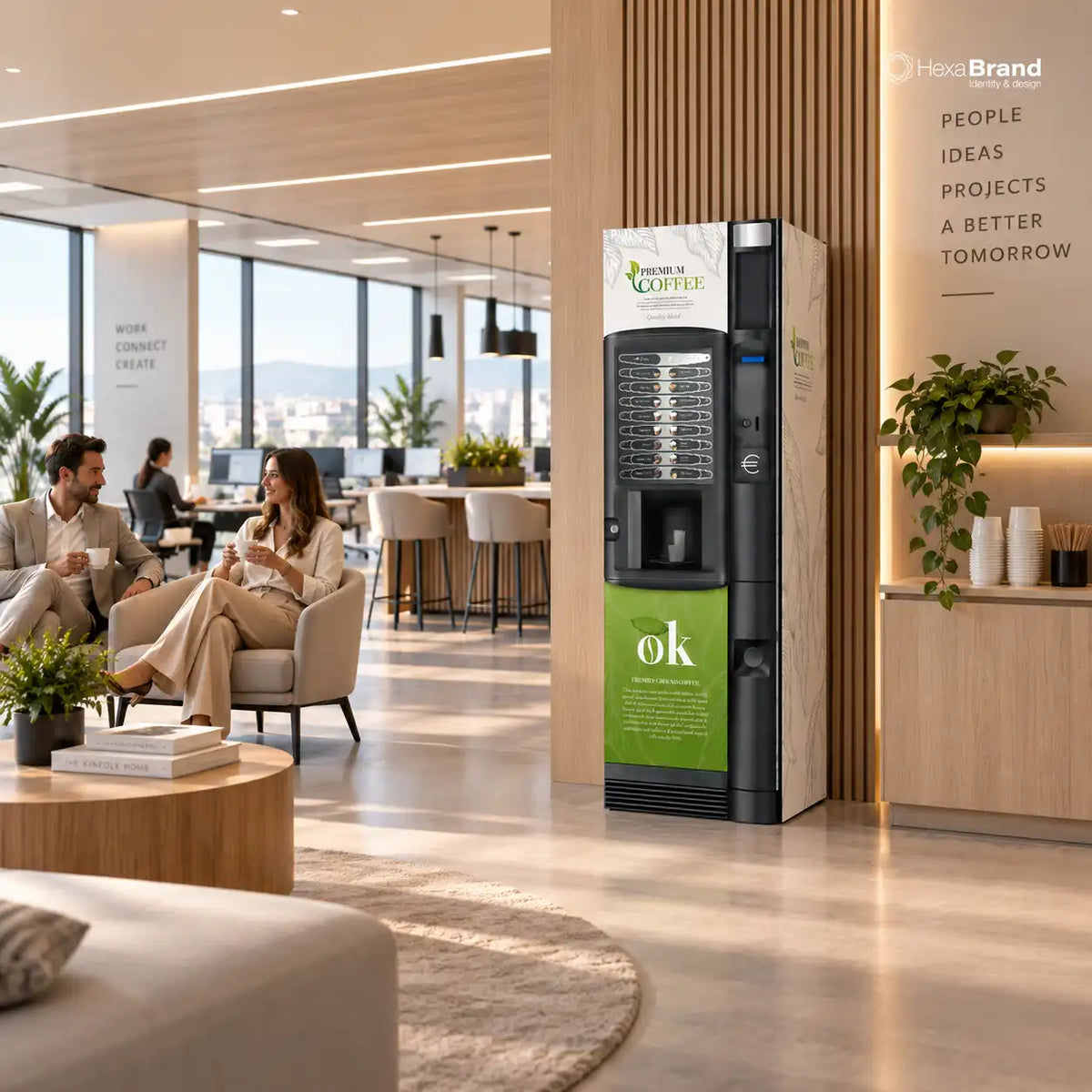 Kit de vinyles adhésifs Premium White pour distributeur automatique Necta Kikko dans un environnement de bureau.