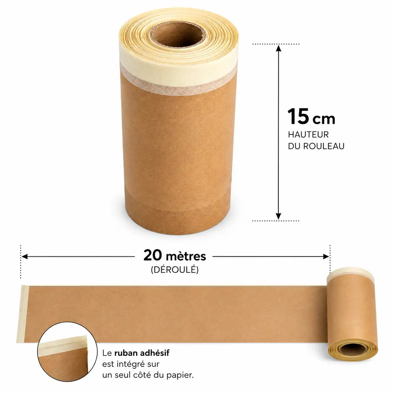 Rouleau de papier de masquage avec ruban adhésif pour distributeurs automatiques – 15 cm × 20 m