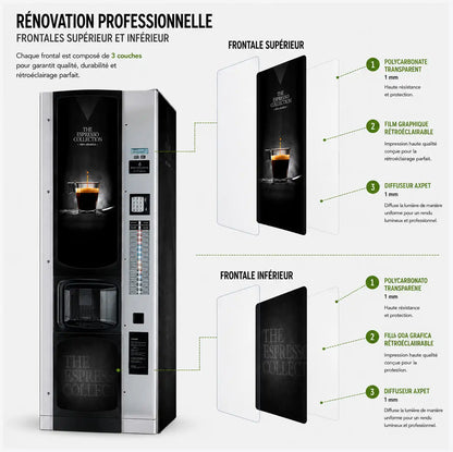 Éléments du kit « Professional » comprenant des vinyles adhésifs et des frontaux en polycarbonate avec film rétroéclairable pour distributeurs automatiques Bianchi BVM 972. Time & Flavour