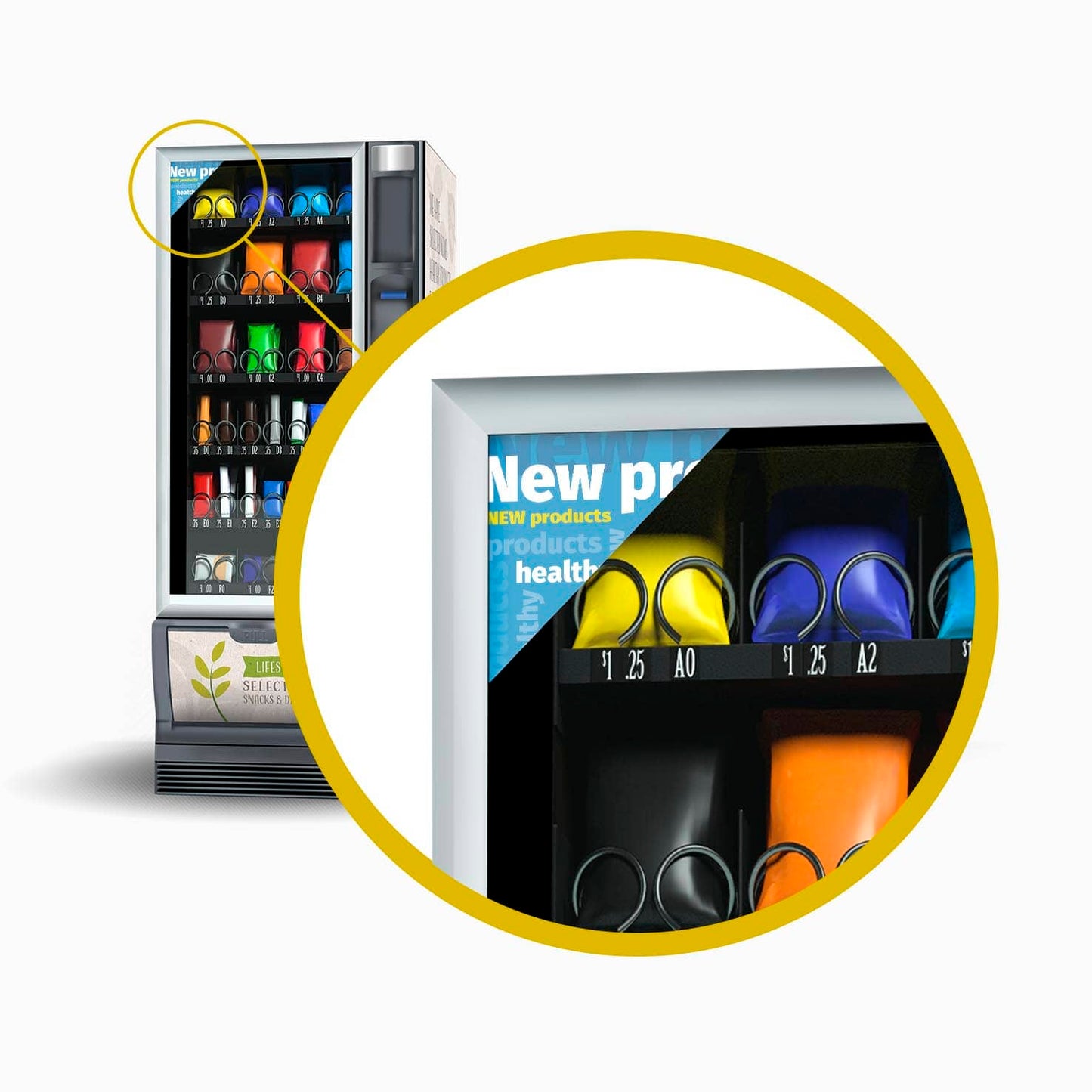 Bannière publicitaire triangulaire bleue pour produits sains, installée sur la vitre d’un distributeur automatique de snacks