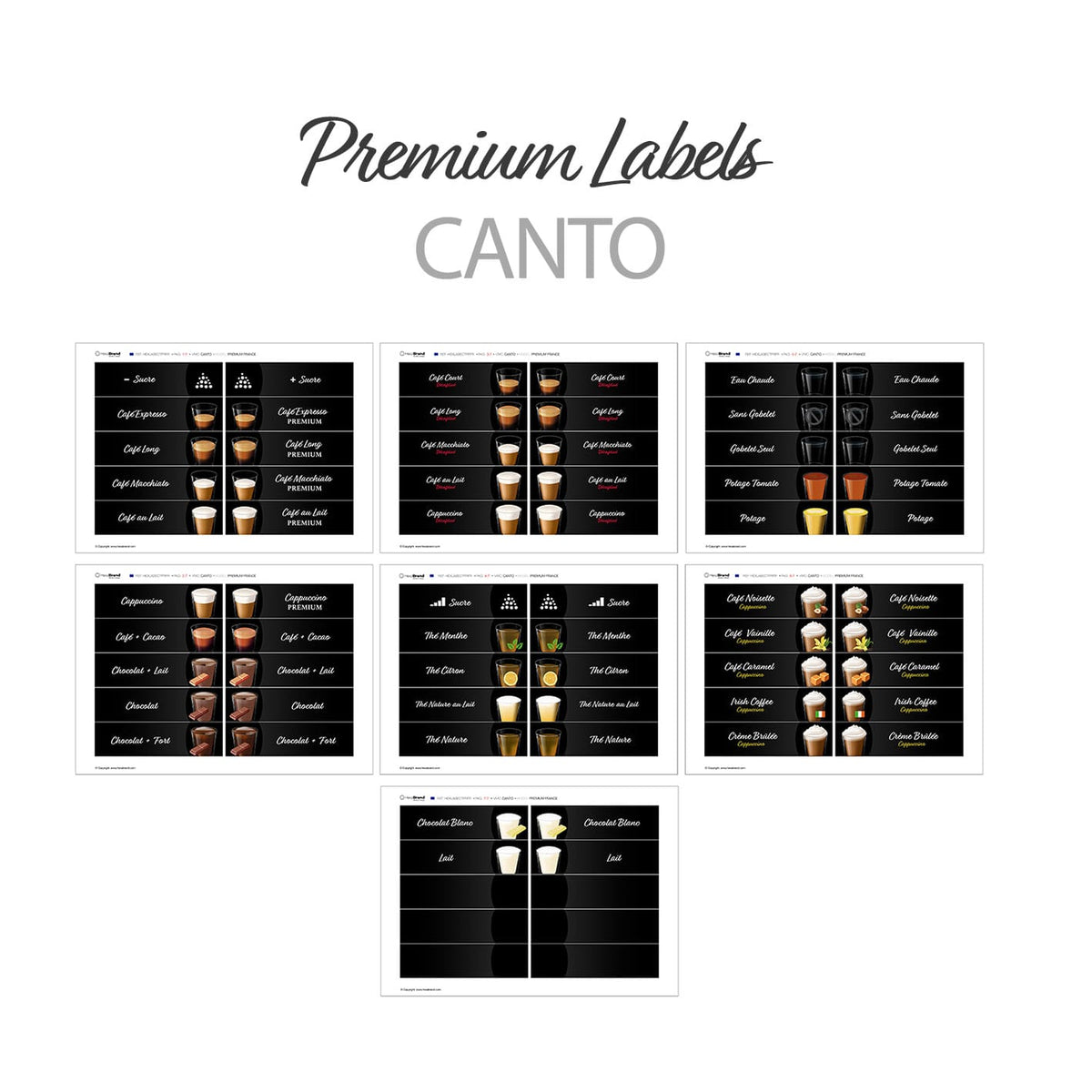 Étiquettes rétroéclairables à découper pour distributeurs automatiques de café Necta Canto. Design Premium