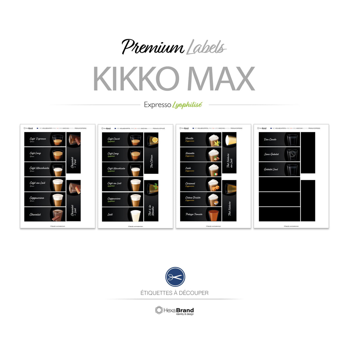 Étiquettes à découper pour distributeurs automatiques de café Necta Kikko Max. Design Premium, Expresso Lyophilisé